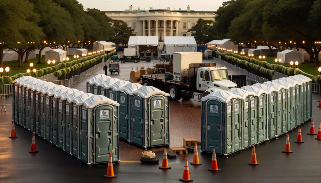 Festival porta potty bank with barricades in Bartlesville, Oklahoma